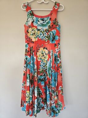 Coral Floral Midi Dress with Teal & Yellow Accents. Size 8 Women's. Vacation.